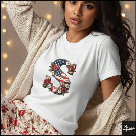 Patriotic Floral Letter S Wreath Design T Shirt
