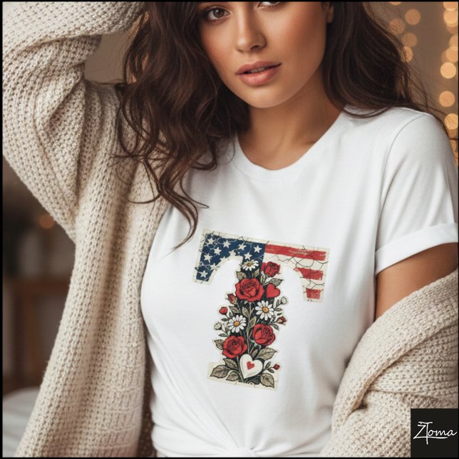Patriotic Floral Letter T Wreath Design T Shirt (Sample design. Several style are available to choose from, with the option to add a name & color.)