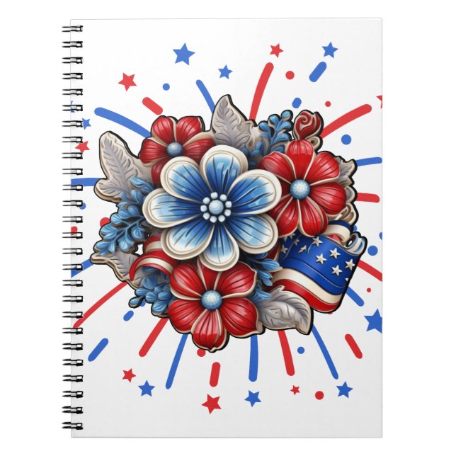 Patriotic Flowers in Red White & Blue 4 juli Anteckningsbok (Framsidan)
