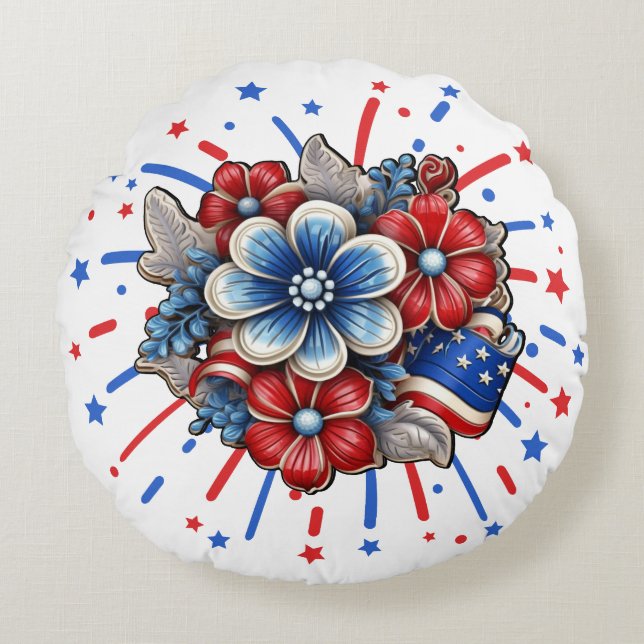 Patriotic Flowers in Red White & Blue 4 juli Rund Kudde (Framsidan)