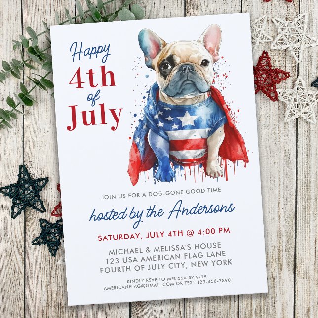 Patriotic Fransk Bulldog Hund USA flagga 4 juli Inbjudningar (Skapare uppladdad)