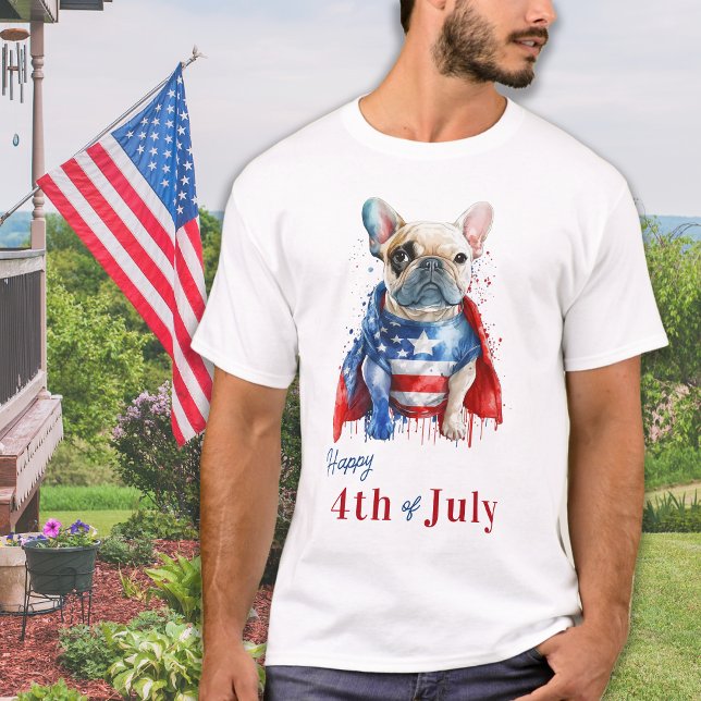 Patriotic Fransk Bulldog USA flagga Lycklig 4:e ju T Shirt (Skapare uppladdad)