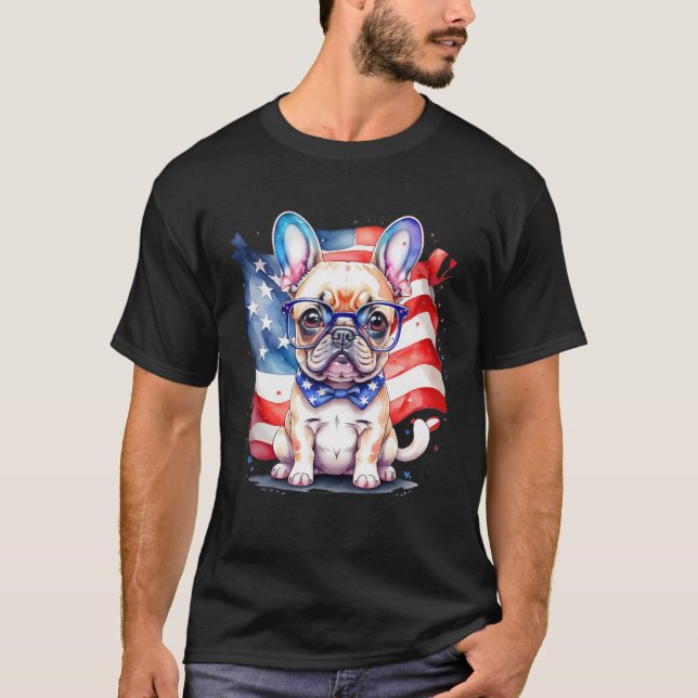 Patriotic French Bulldog Puppy American Flag T Shirt (Framsida)