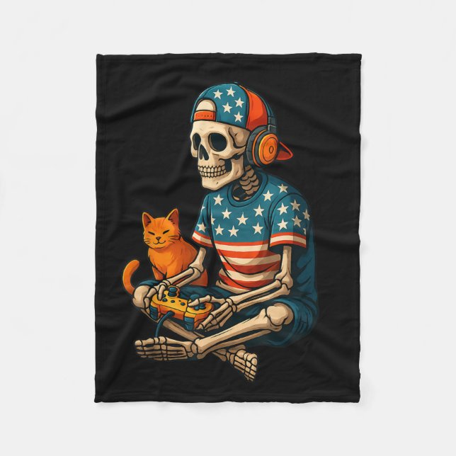 Patriotic Gamer Skeleton Gaming Video Games Cat Bo Fleecefilt (Framsidan)