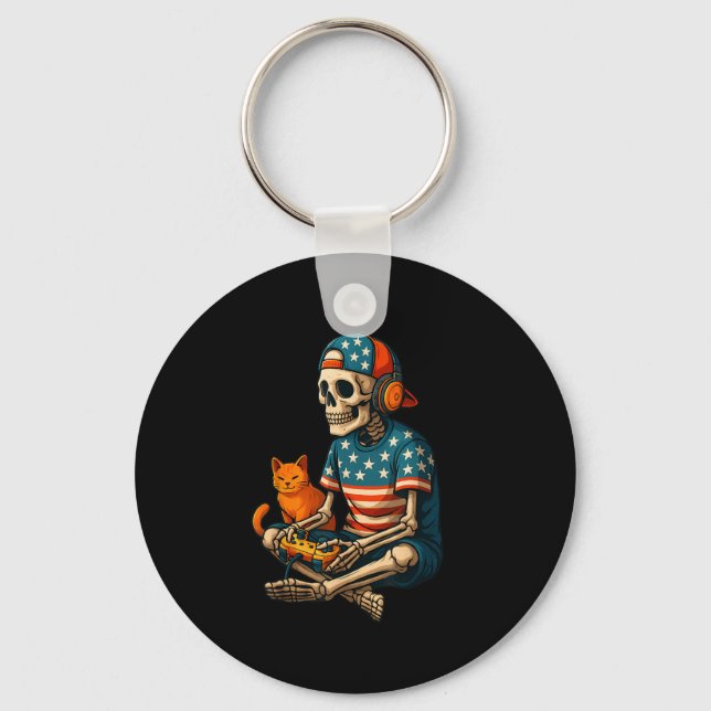 Patriotic Gamer Skeleton Gaming Video Games Cat Bo Nyckelring (Framsida)