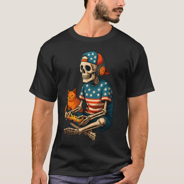 Patriotic Gamer Skeleton Gaming Video Games Cat Bo T Shirt (Framsida)