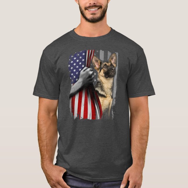 Patriotic German Shepherd American Flag Dog Lover T Shirt (Framsida)