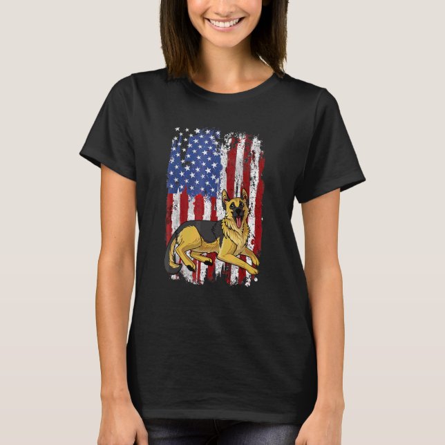 Patriotic German Shepherd American Flagga 4:e Jul T Shirt (Framsida)