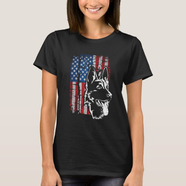 Patriotic German Shepherd American Flagga Hund Mam T Shirt (Framsida)