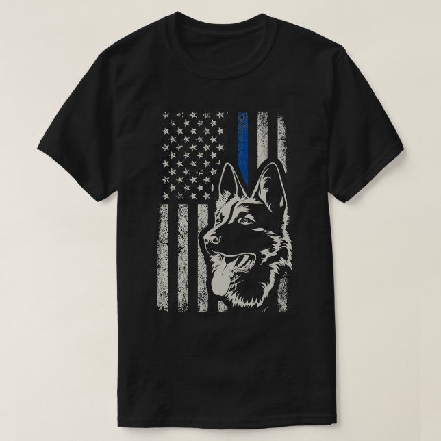 Patriotic German Shepherd K9 Unit Thin Blue Line P T Shirt (Design framsida)