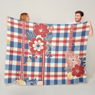 Patriotic Gingham med Blommigt Accents Red White Fleecefilt