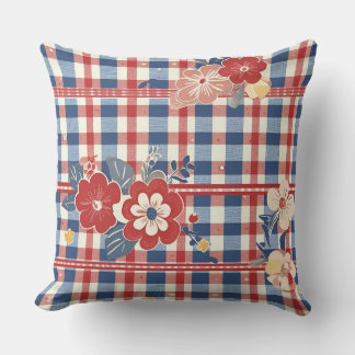 Patriotic Gingham med Blommigt Accents | Red White Kudde