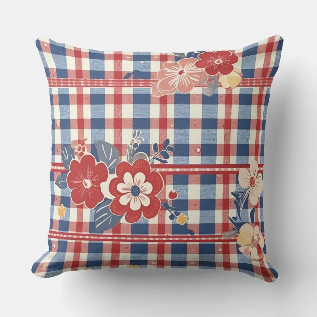 Patriotic Gingham med Blommigt Accents | Red White Kudde (Framsida)