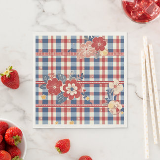 Patriotic Gingham med Blommigt Accents | Red White Pappersservett