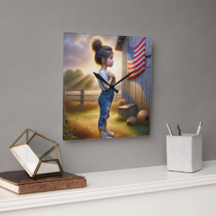 Patriotic Girl with American Flagga Fyrkantig Klocka