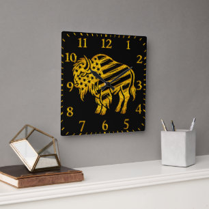 Patriotic Guld Bison Design Fyrkantig Klocka