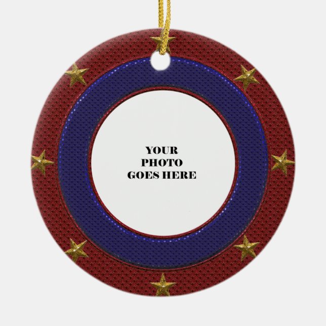 Patriotic Guld Stars Photo Ram Round Ornament (Framsidan)