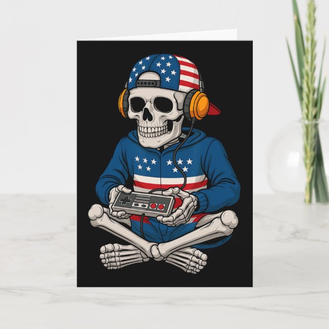 Patriotic Halloween Skeleton Gamer Funny Skeleton Kort (Framsida)