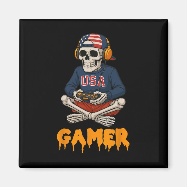 Patriotic Halloween Skeleton Gamer Funny Skeleton Magnet (Framsidan)