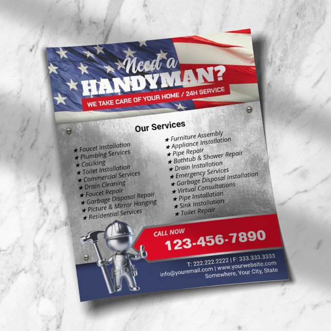 Patriotic Handyman Repair Service 3D Metall Worker Flygblad (Skapare uppladdad)