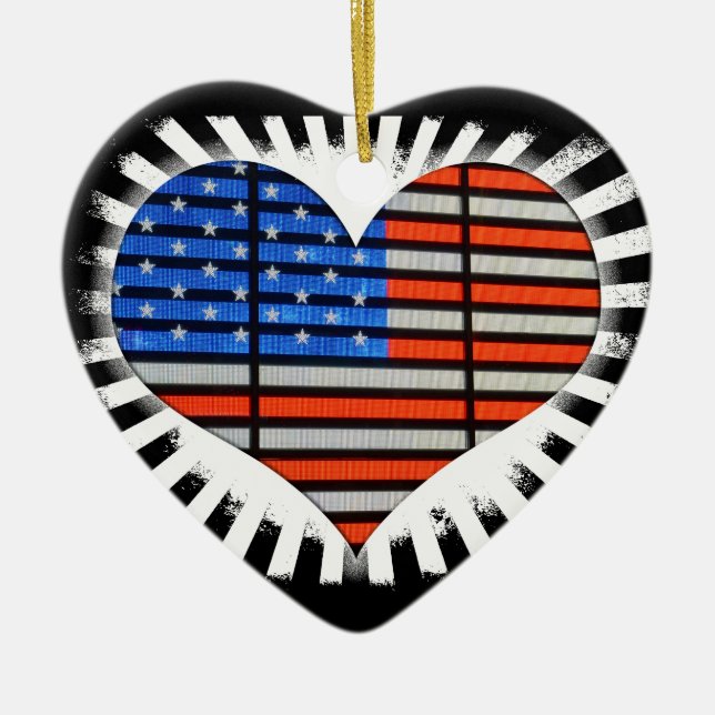 Patriotic Heart American Flagga Julgransprydnad Keramik (Framsidan)