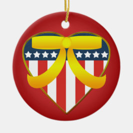 Patriotic Heart Gult Ribbon Round Ornament