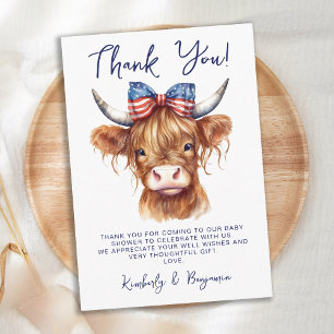 Patriotic Highland Cow 4:e juli Baby Shower Tack Kort