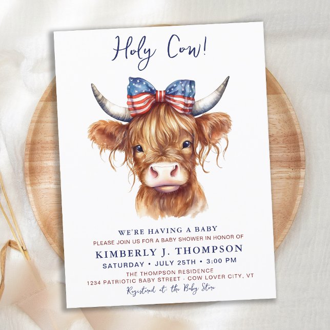Patriotic Highland Cow 4:e juli Baby Shower Vykort (Skapare uppladdad)