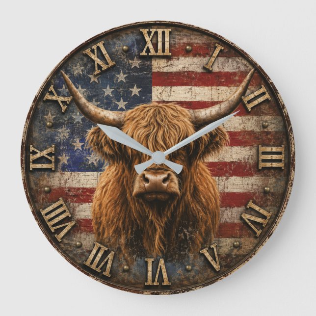 Patriotic Highland Cow American Flag Rustic  Stor Klocka (Framsida)