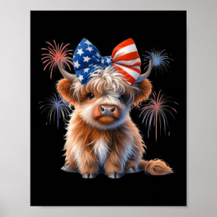 Patriotic Highland Cow Coquette 4:e juli-jordbruka Poster