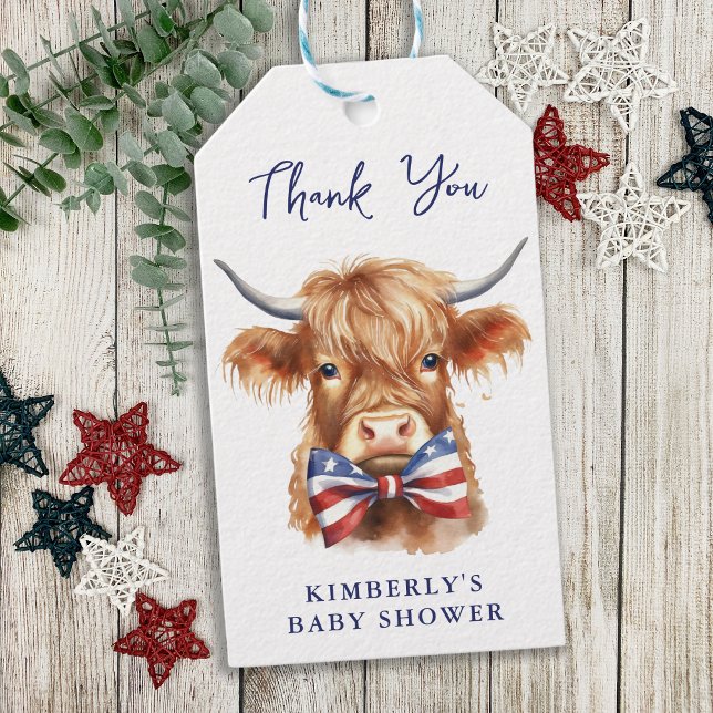 Patriotic Highland Cow Farm Animal Baby Shower Presentetikett (Skapare uppladdad)