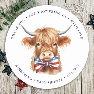 Patriotic Highland Cow Farm Animal Baby Shower Runt Klistermärke