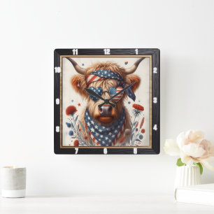 Patriotic Highland Cow Heart Wall Fyrkantig Klocka