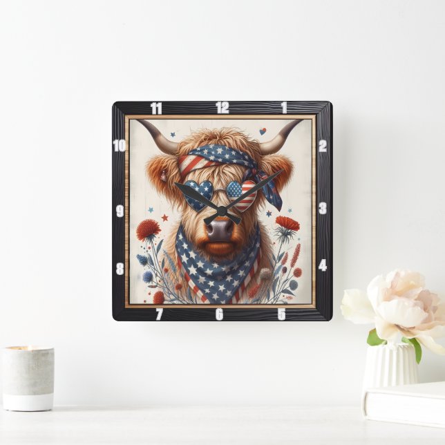 Patriotic Highland Cow Heart Wall Fyrkantig Klocka (Hem)