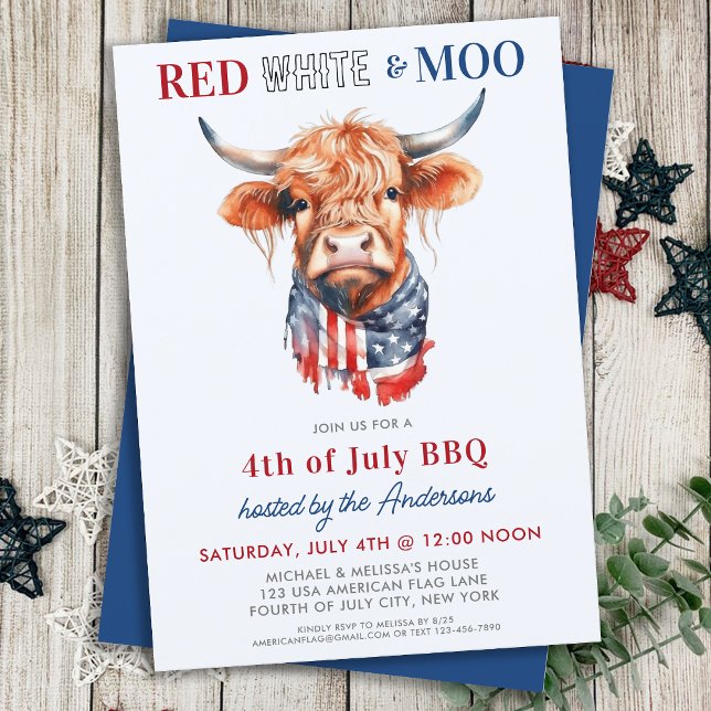 Patriotic Highland Cow Red White Moo 4 juli Inbjudningar (Skapare uppladdad)