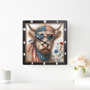 Patriotic Highland Cow USA flagga Fyrkantig Klocka