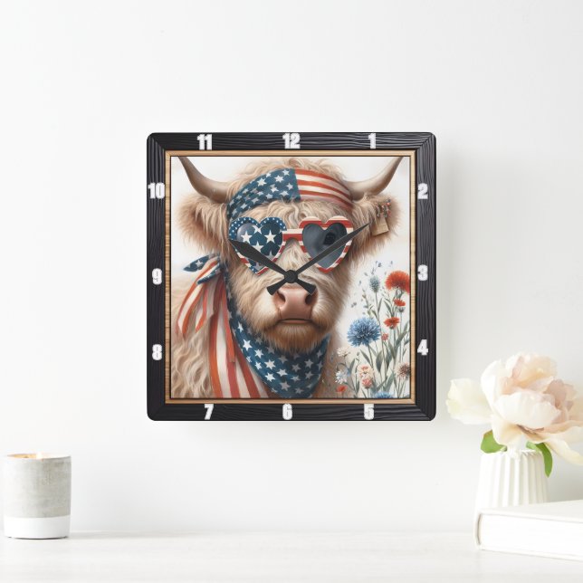 Patriotic Highland Cow USA flagga Fyrkantig Klocka (Hem)