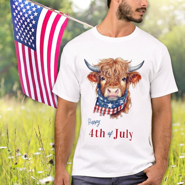 Patriotic Highland Cow USA flagga Lycklig 4 juli T Shirt (Skapare uppladdad)