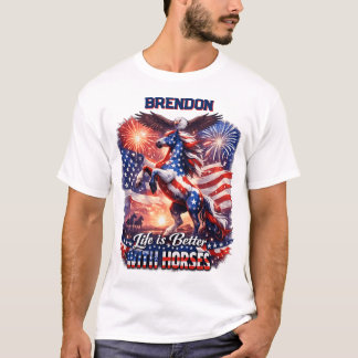 Patriotic Horse American Flag Sunset Equestrian  T Shirt