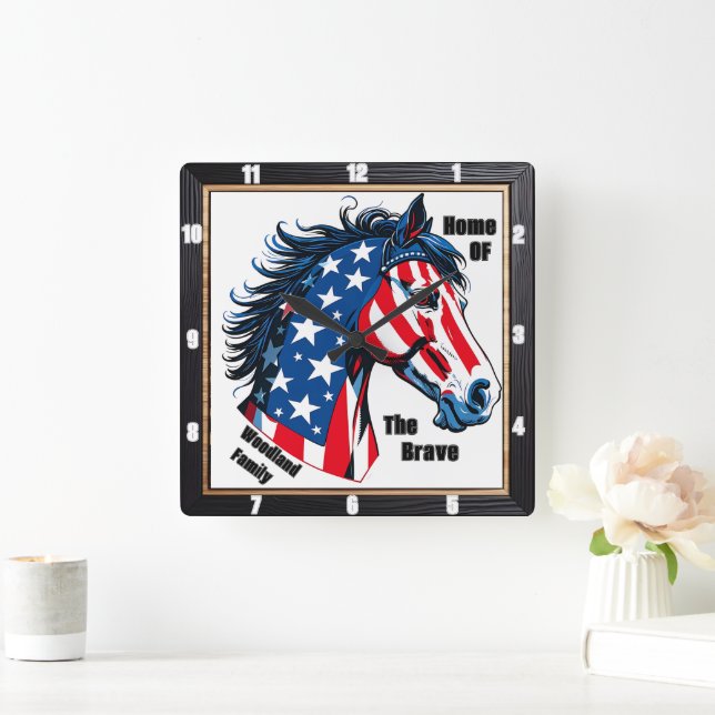 Patriotic Horse American Flagga Family Fyrkantig Klocka (Hem)