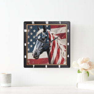 Patriotic Horse American Flagga Fyrkantig Klocka