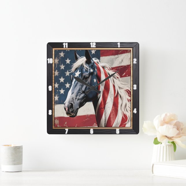 Patriotic Horse American Flagga Fyrkantig Klocka (Hem)
