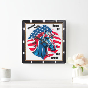 Patriotic Horse Family American Flagga Fyrkantig Klocka