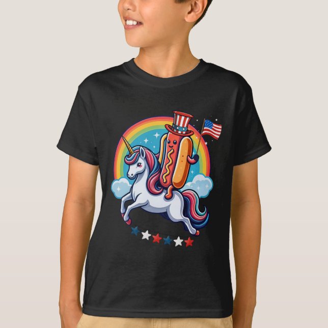 Patriotic Hotdog Riding Unicorn 4:e juli Americ T Shirt (Framsida)