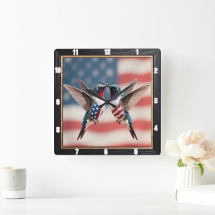 Patriotic Hummingbird American Flagga Fyrkantig Klocka