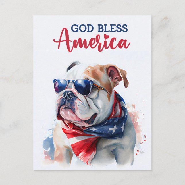 Patriotic Hund-Bulldog, Välsigna dig America Postc Vykort (Framsida)