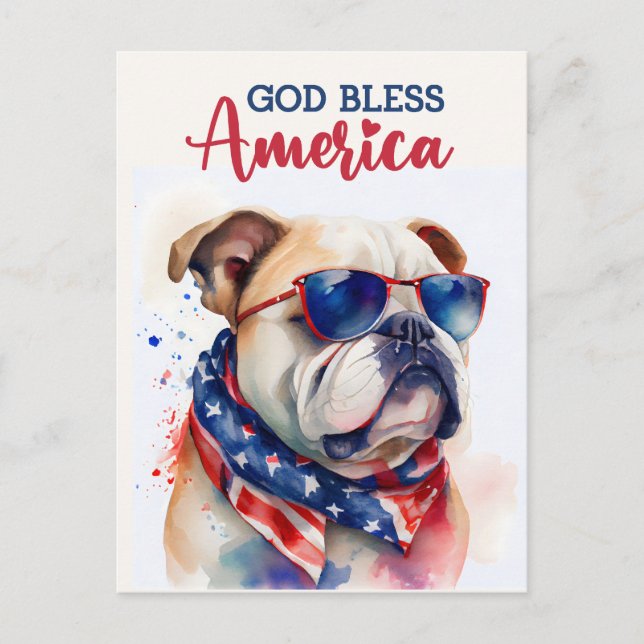 Patriotic Hund-Bulldog, Välsigna dig America Postc Vykort (Framsida)