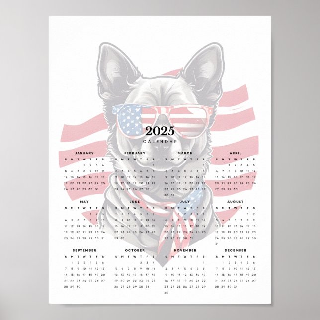 Patriotic Hund Rött vitt blått Scarf 2025 Calendar Poster (Framsidan)