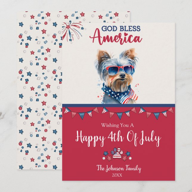 Patriotic Hund- Yorkie 4:e juli-kortet Julkort (Fram/baksida)