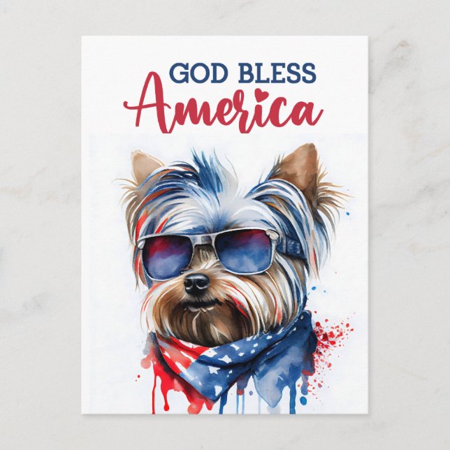 Patriotic Hund-Yorkie, Välsigna dig America Postca Vykort (Framsida)